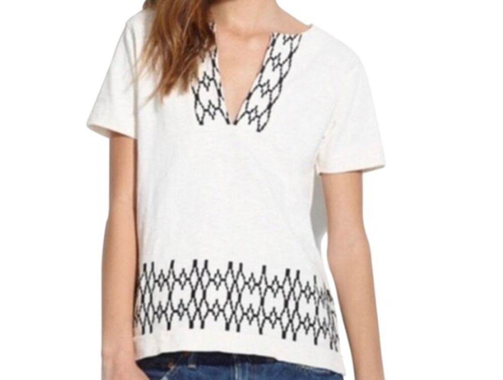 Madewell Boxstitch Slub Embroidered Cream Short Sleeve Split Neck Tunic Small